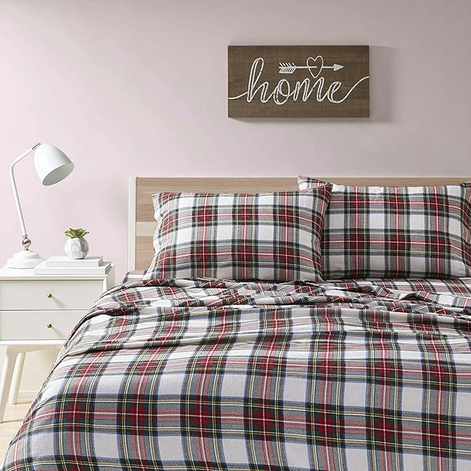 Comfort Spaces Cotton Flannel Breathable Warm Deep Pocket Sheets with Pillow Case Bedding, Cal King, Scottish Plaid Red, 4 Piece - LeafyLoom