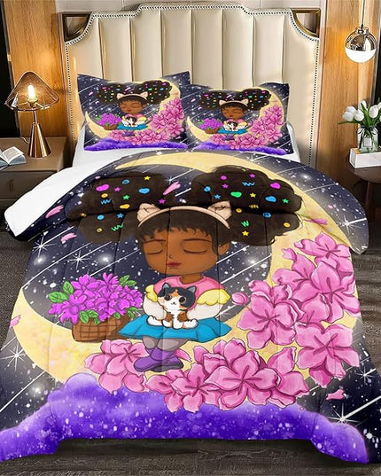 African American Girls Comforter Set Full Size for Girls Bedroom Full Size Afro Girls Bedding Sets for Girls Lovely Black Girls Comforter Set Cute Princess Bedding Set, 1 Comforter + 2 Pillowcases - LeafyLoom
