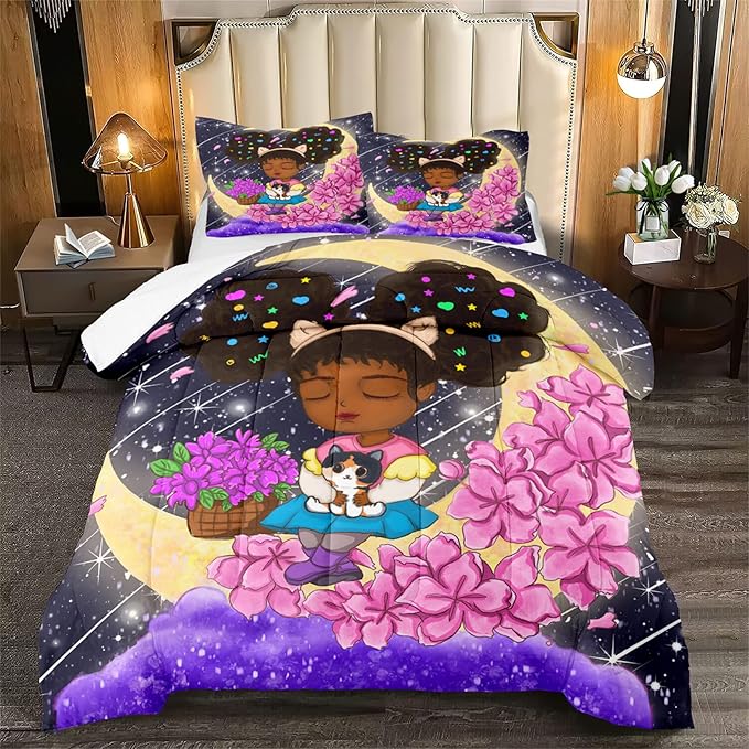 Afro African Girls Comforter Set for Girls Bedroom Teens Black Girls Bedding Sets for Girls Lovely Little African American Girls Comforter with 2 Pillowcases Cute Princess Bedding Set, Queen Size - LeafyLoom