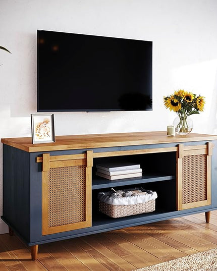 Bme Premium Arvid TV Console Table, Pre-Assembled Entertainment Center for up to 70 inch TV, Solid Wood TV Table with Rattan Sliding Doors, Media Console - LeafyLoom