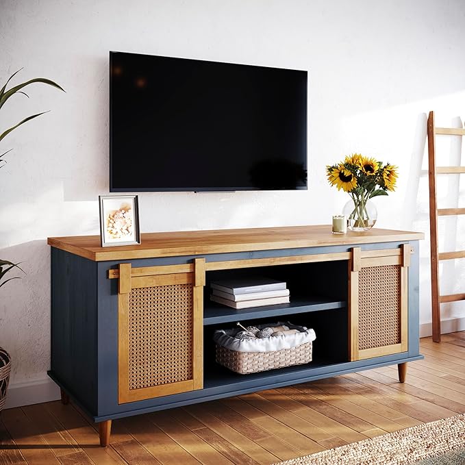 Bme Premium Arvid TV Console Table, Pre-Assembled Entertainment Center for up to 70 inch TV, Solid Wood TV Table with Rattan Sliding Doors, Media Console - LeafyLoom