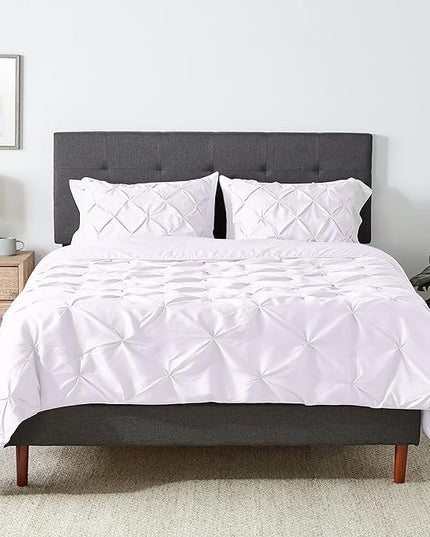 Amazon Basics All-Season Down-Alternative 3 Piece Comforter Bedding Set, Full/Queen, Bright White, Pinch-Pleat With Piped Edges - LeafyLoom
