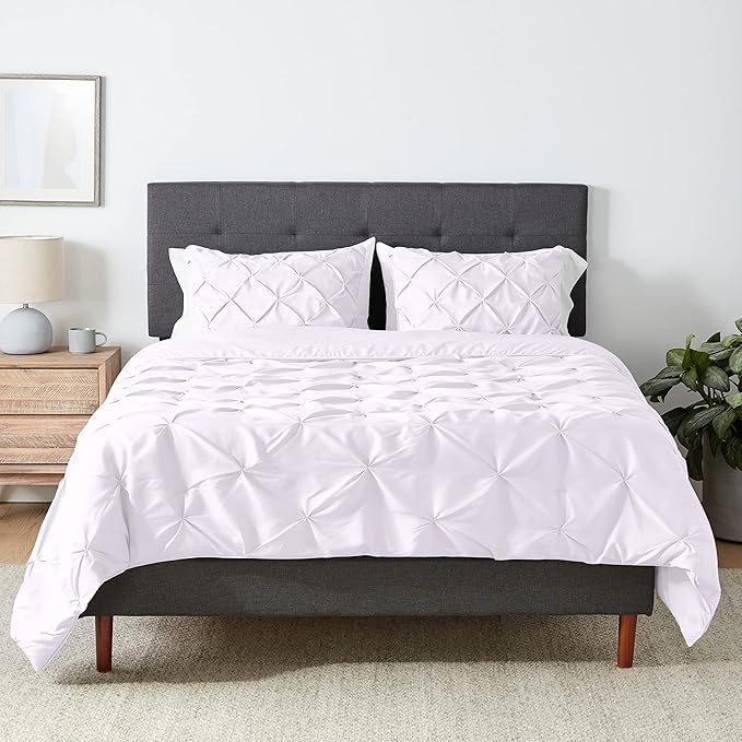 Amazon Basics All-Season Down-Alternative 3 Piece Comforter Bedding Set, Full/Queen, Bright White, Pinch-Pleat With Piped Edges - LeafyLoom