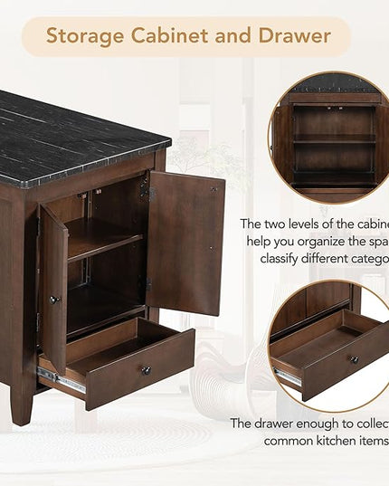 Counter Height Dining 4 with Faux Marble Tabletop, Solid Wood Modern Table Set with Storage Cabinet and Drawer, Dark Walnut - LeafyLoom