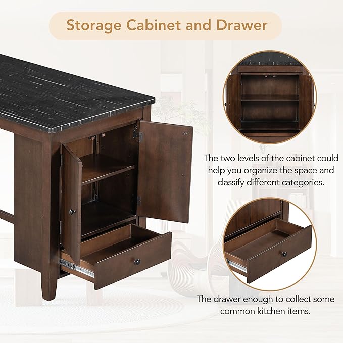 Rustic Style Counter Height Faux Marble Tabletop, Solid Wood Storage Cabinet and Drawer, Room, Kitchen, 5 Piece Dining Table Set, Walnut 28 - LeafyLoom