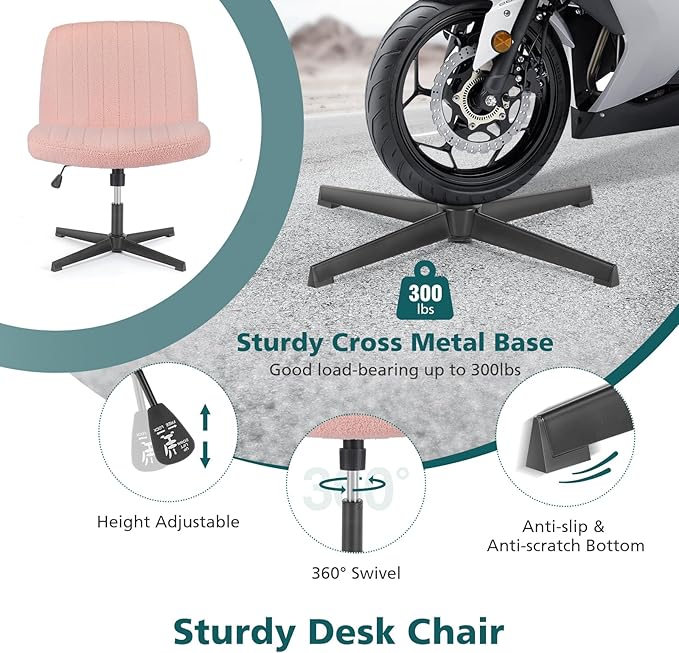 OLIXIS Cross Legged Armless Wide Adjustable Swivel Padded Home Office Desk Chair, Pink - LeafyLoom