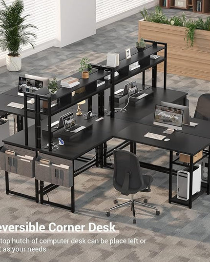 Aheaplus L Shaped Desk with Power Outlet & LED Strip, Reversible L-Shaped Corner Computer Desks Gaming Desk with Storage Shelf & Monitor Stand, Modern 2 Person Home Office Desk, Writing Desk, Black - LeafyLoom