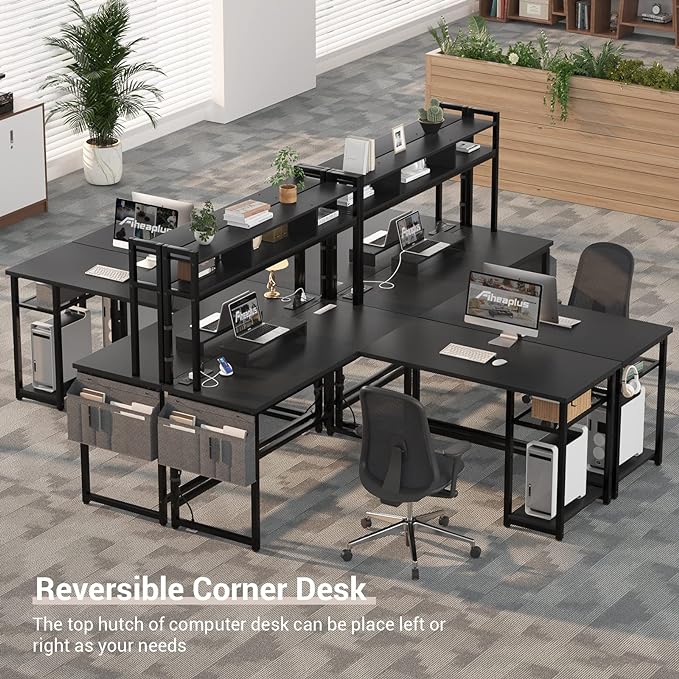 Aheaplus L Shaped Desk with Power Outlet & LED Strip, Reversible L-Shaped Corner Computer Desks Gaming Desk with Storage Shelf & Monitor Stand, Modern 2 Person Home Office Desk, Writing Desk, Black - LeafyLoom