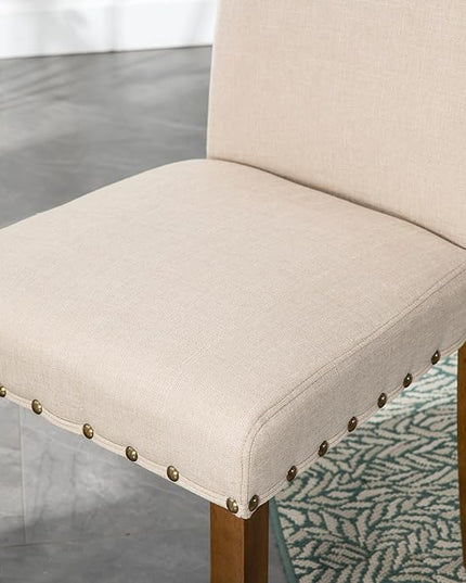 Upholstered Parsons Dining Chair with Nailhead Trim and Sturdy Solid Wood Legs, Set of 4, Cream - LeafyLoom