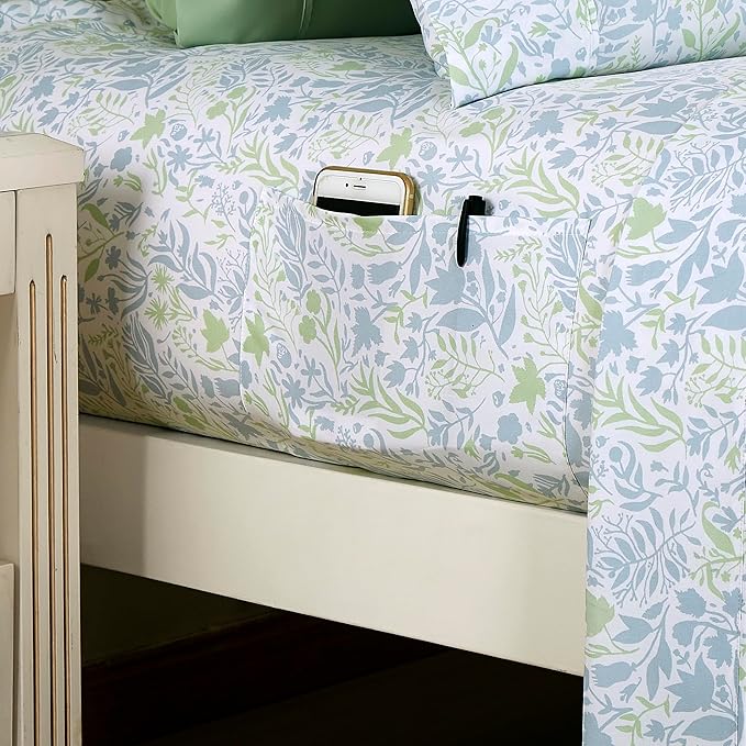 Elegant Comfort Softest and Coziest 6-Piece Sheet Set - 1500 Premium Hotel Quality Microfiber - Deep Pocket, Wrinkle Resistant 6-Piece Floral Bed Sheet Set, King, Anita Green - LeafyLoom
