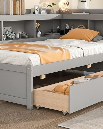 Twin Size Platform 2 Storage Drawers and L-Shaped Bookcases, Wooden Captain Bed Daybed Frame with Headboard for Bedroom, Living Room, Gray - LeafyLoom