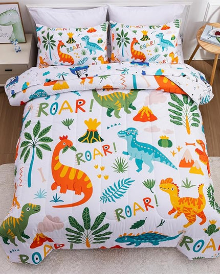 Meeting Story Dinosaur Bedding Set for Boys, Dinosaur Colorful Pattern Style Full Comforter Set, 3 PCS 1 Comforter and 2 Pillowcases in One Bag(Full,White) - LeafyLoom