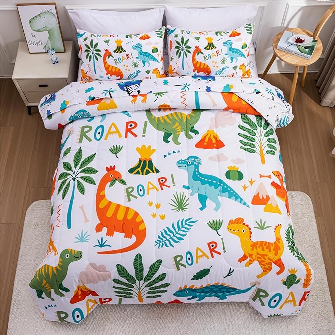 Meeting Story Dinosaur Bedding Set for Boys, Dinosaur Colorful Pattern Style Full Comforter Set, 3 PCS 1 Comforter and 2 Pillowcases in One Bag(Full,White) - LeafyLoom