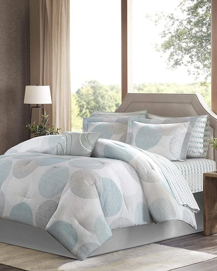 Madison Park Essentials Bed in a Bag Comforter, Vibrant Color Design All Season Down Alternative Cover with Complete Cotton Sheet Set, King(104"x92"), Knowles, Circular Aqua, 9 Piece - LeafyLoom