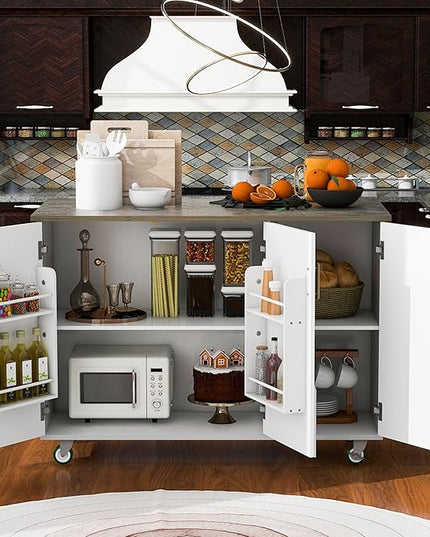 Retro Mountain Wood 47" D Rolling Island with Drop Leaf, Farmhouse Cart on Wheels with Internal Storage Towel Rack for Kitchen, Dining Room, White, 51.57 Inch - LeafyLoom
