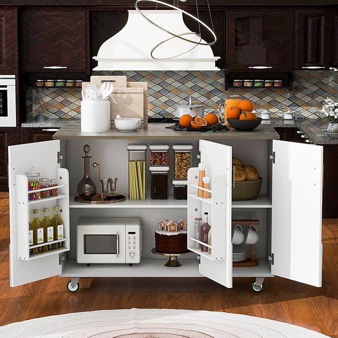 Retro Mountain Wood 47" D Rolling Island with Drop Leaf, Farmhouse Cart on Wheels with Internal Storage Towel Rack for Kitchen, Dining Room, White, 51.57 Inch - LeafyLoom