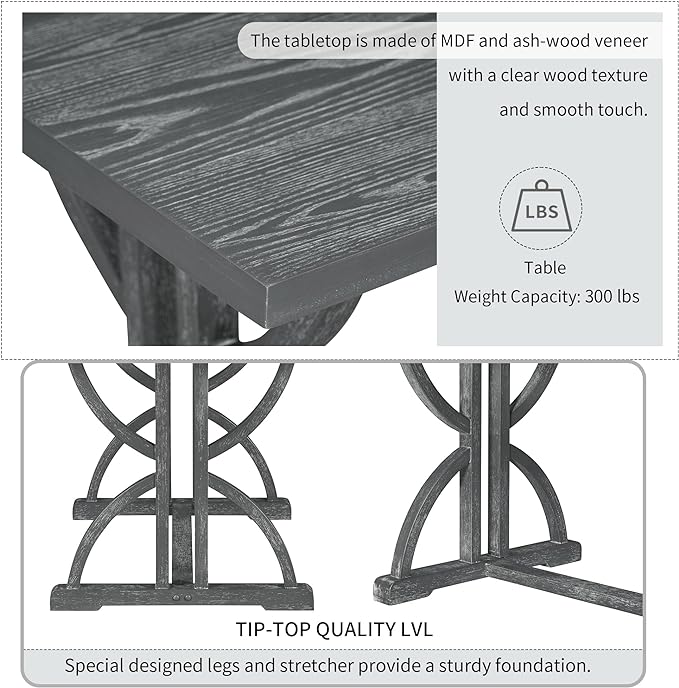 Retro Rectangular Unique Legs and 4 Upholstered Chairs & 1 Bench, Easy Assembly, Room, Kitchen, Gray Wash, 6 Piece Dining Table Set - LeafyLoom