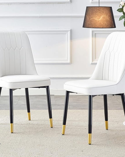Modern Set of 2, Faux Leather Dining PU Upholstered White Kitchen Chairs with Black Golden Metal Legs for Home Living Room, Restaurant, 2 Piece - LeafyLoom