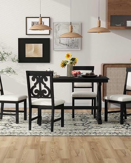 Merax Retro Design 5-Piece Dining Set for Kitchen, Small Spaces, Apartment Four Linen Upholstered Seats with Backrest, 52" Rectangular Table+4 Chairs, Black - LeafyLoom