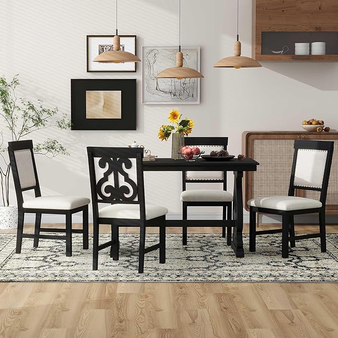 Merax Retro Design 5-Piece Dining Set for Kitchen, Small Spaces, Apartment Four Linen Upholstered Seats with Backrest, 52" Rectangular Table+4 Chairs, Black - LeafyLoom