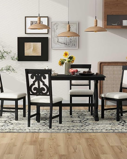 NicBex Dining Table Set for 4 Kitchen & Dining Room Tables 5-Piece Retro Dining Set, Rectangular Wooden Dining Table and 4 Upholstered Chairs for Dining Room and Kitchen, Black - LeafyLoom