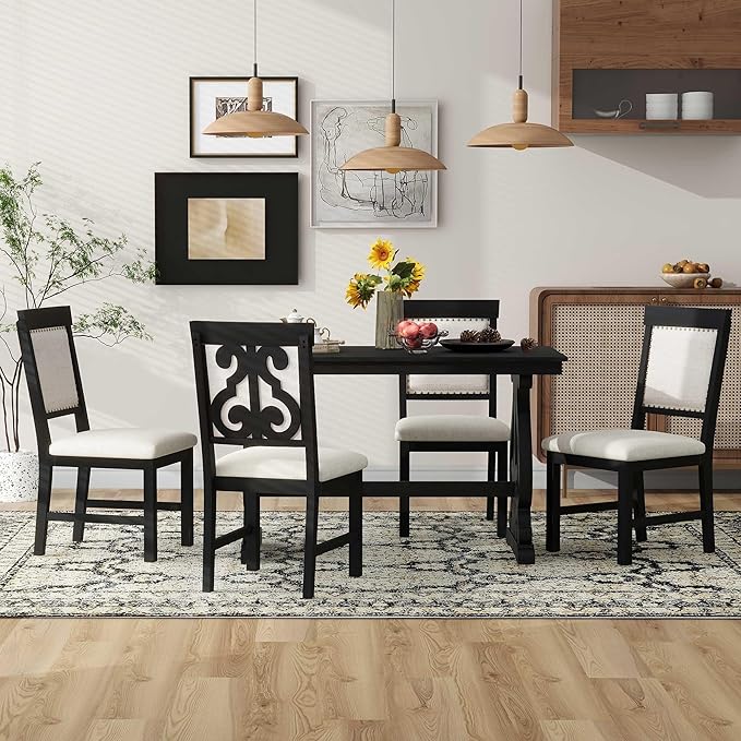 NicBex Dining Table Set for 4 Kitchen & Dining Room Tables 5-Piece Retro Dining Set, Rectangular Wooden Dining Table and 4 Upholstered Chairs for Dining Room and Kitchen, Black - LeafyLoom