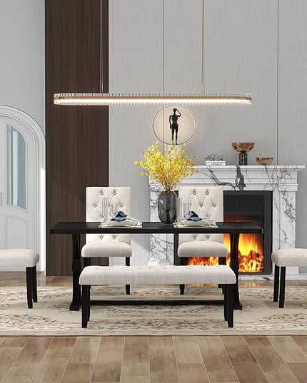 Wood Rectangular Dining Set for 6, includes 1 Table with Cross-Legged Trestle Base, 4 Upholstered High Back Chairs & 1 Bench, Farmhouse Style, Espresso, 72" L x 42" W x 30" H - LeafyLoom