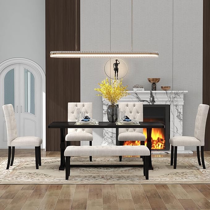 Wood Rectangular Dining Set for 6, includes 1 Table with Cross-Legged Trestle Base, 4 Upholstered High Back Chairs & 1 Bench, Farmhouse Style, Espresso, 72" L x 42" W x 30" H - LeafyLoom