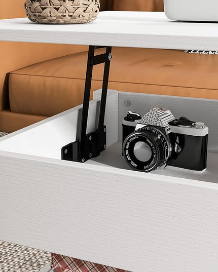 Panana Coffee Table, Lift Top Coffee Table with Hidden Compartment, 2 Drawers and 1 Open Shelf, Retro Central Wooden Table Lift Tabletop for Living Room (White) - LeafyLoom