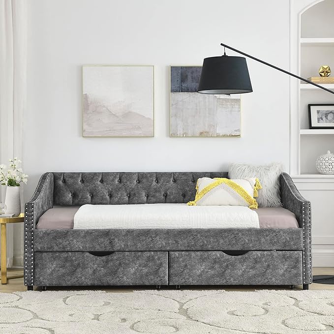 Twin Size Daybed with 2 Storage Drawers,Linen Upholstered Sofa Bed W/Button on Back & Copper Nail on Waved Shape Armrests,No Spring Box Need,Wood Bedframe for Living Room Bedroom Dorm,Grey - LeafyLoom