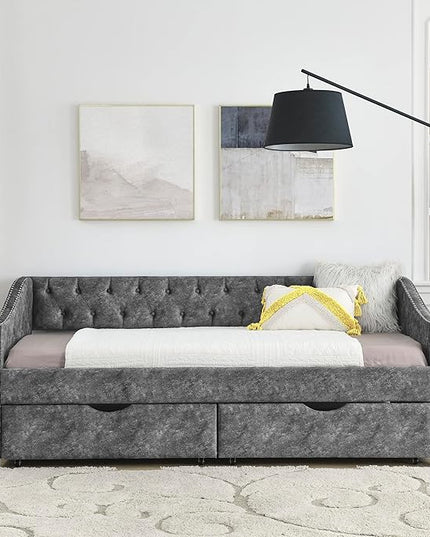 RITSU Modern Twin Size Daybed with Drawers Upholstered Sofa Bed, Tufted Buttons On Back, Wooden Frame， Copper Nail On Waved Shape Arms, for Bedroom, Living Room, Grey, 81.50 - LeafyLoom