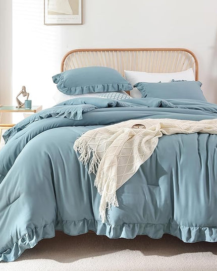 JANZAA Comforter Set Full Size Mineral Blue Ruffle Comforter 3PCS Soft Fluffy Comforter Vintage Farmhouse Bed Comforter Set Shabby Chic Bedding with 2 Pillowcases - LeafyLoom