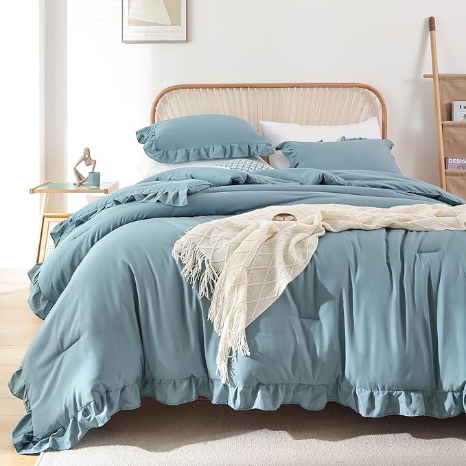 JANZAA Comforter Set Full Size Mineral Blue Ruffle Comforter 3PCS Soft Fluffy Comforter Vintage Farmhouse Bed Comforter Set Shabby Chic Bedding with 2 Pillowcases - LeafyLoom