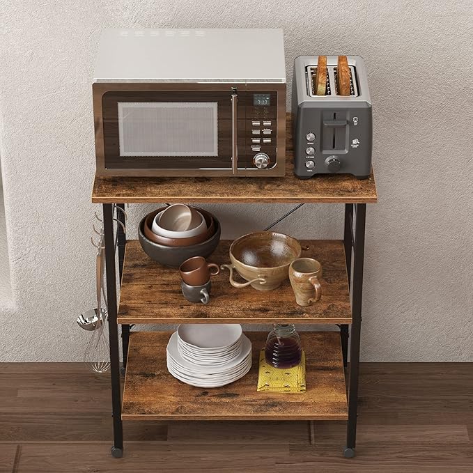 sogesfurniture 3-Tier Kitchen Baker's Rack Utility Shelf Microwave Oven Stand Storage Cart Workstation Shelf 3-Tier Kitchen Utility Cart on Wheels with Storage, Rustic Brown - LeafyLoom