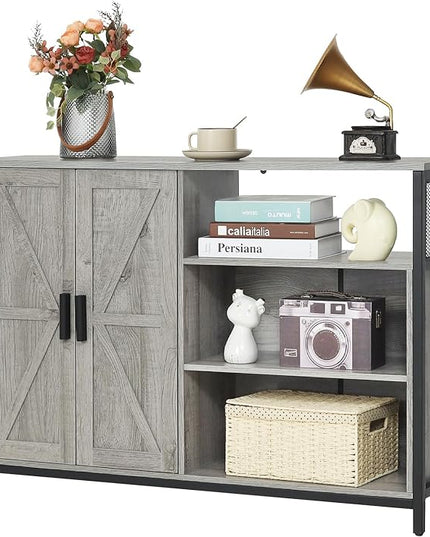 WEENFON Floor Storage Cabinet, Buffet Storage Cabinet with 2 Barn Doors, Industrial Sideboard with Adjustable Shelves, Buffet Table for Dining Room, Living Room, Kitchen, Grey - LeafyLoom