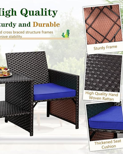 Shintenchi Wicker Patio Conversation Furniture Set with Detachable Chairs & Table and Two Removable Cushions,Rattan Wicker Lover Chair for Patio,Garden, Courtyard and Lawn Backyard (Deep Blue) - LeafyLoom