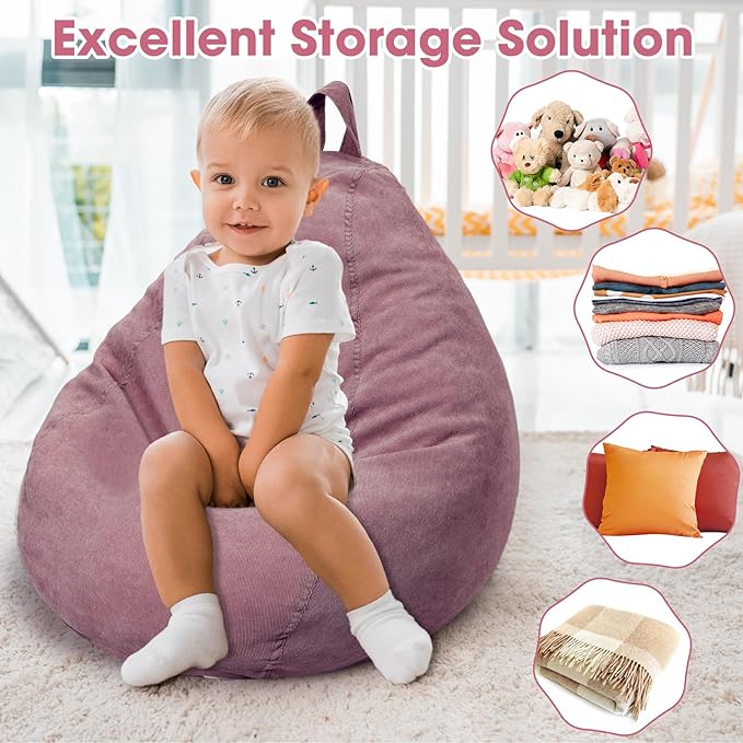 2 Pcs 100L Stuffed Animal Storage Bean Bag Chair Cover (No Filler) for Kids Soft Corduroy Stuffable Bean Bag Zipper for Organizing Children Plush Toys(Dusty Pink) - LeafyLoom