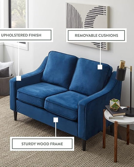 Edenbrook Jensen Upholstered Loveseat – Blue Velvet Loveseat - Living Room Furniture - Small Loveseat- Seats Two - Scoop Arm Modern Couch - Couches for Living Room - LeafyLoom
