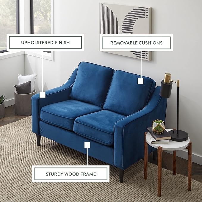 Edenbrook Jensen Upholstered Loveseat – Blue Velvet Loveseat - Living Room Furniture - Small Loveseat- Seats Two - Scoop Arm Modern Couch - Couches for Living Room - LeafyLoom
