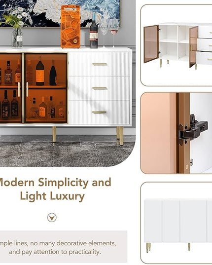 Modern Sideboard MDF with Marble Sticker Tabletop and Amber-Yellow Tempered Glass Doors,Freestanding Buffet Storage Cabinet,W/Gold Metal Legs & Handles,for Dining Room,Kitchen,White, 60" - LeafyLoom