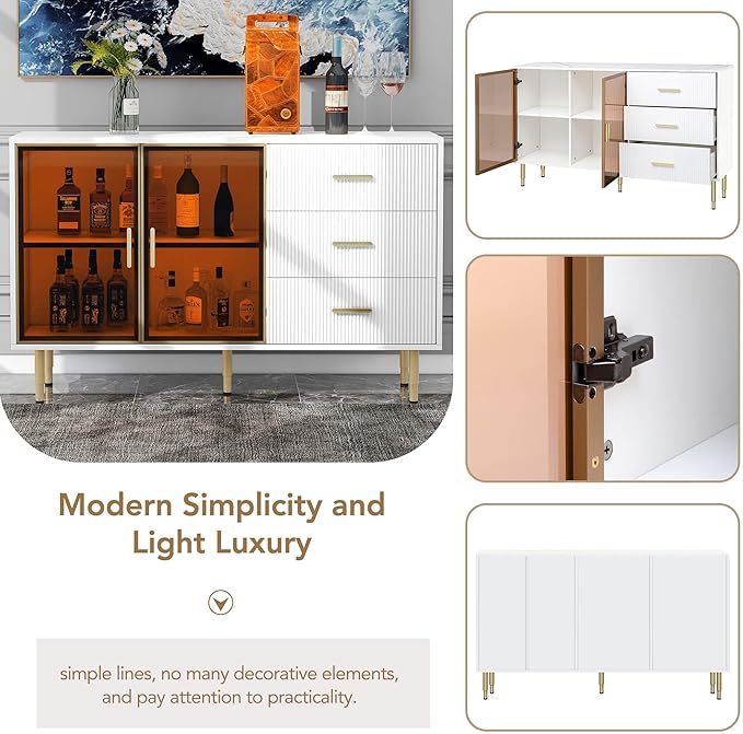 Modern Sideboard MDF with Marble Sticker Tabletop and Amber-Yellow Tempered Glass Doors,Freestanding Buffet Storage Cabinet,W/Gold Metal Legs & Handles,for Dining Room,Kitchen,White, 60" - LeafyLoom