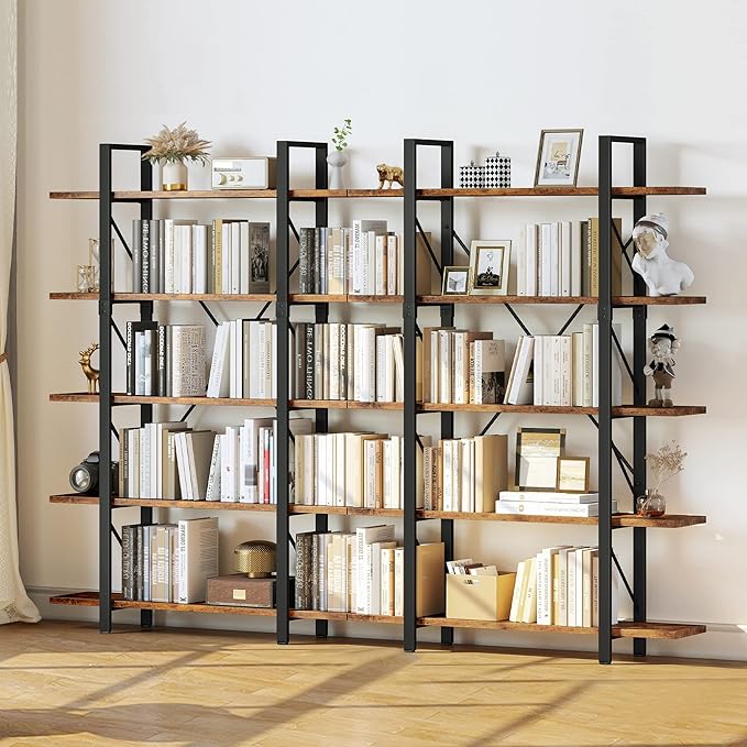 YITAHOME 5 Tier Bookshelf, 70.9" Tall Industrial Bookcase, Wide Open Display Storage Book Shelf for Living Room/Bedroom/Home/Office, Rustic Brown - LeafyLoom