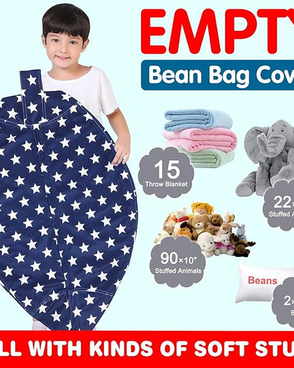 Lukeight Stuffed Animal Storage Bean Bag Chair Cover for Kids, Zipper Beanbag Chair Cover for Organizing Toddler & Kids' Rooms Plush Toys (Stars Navy Velvet, X-Large) - LeafyLoom