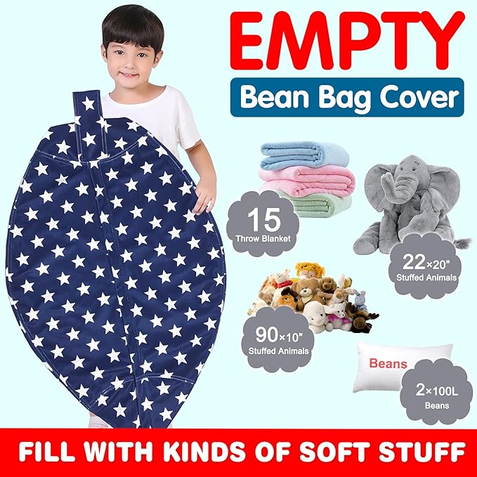 Lukeight Stuffed Animal Storage Bean Bag Chair Cover for Kids, Zipper Beanbag Chair Cover for Organizing Toddler & Kids' Rooms Plush Toys (Stars Navy Velvet, X-Large) - LeafyLoom
