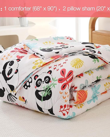 JSD Panda Flower Kids Comforter Set, 3 Pieces Full Microfiber Comforter with Pillow Shams, Soft Comfortable Machine Washable - LeafyLoom