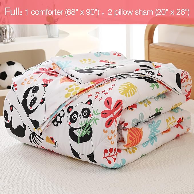 JSD Panda Flower Kids Comforter Set, 3 Pieces Full Microfiber Comforter with Pillow Shams, Soft Comfortable Machine Washable - LeafyLoom