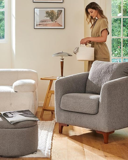 COLAMY Sherpa Accent Chairs with Storage Ottoman Set of 2, Upholstered Barrel Arm Chair with Footrest, Modern Living Room Chair with Back Pillow, Grey - LeafyLoom