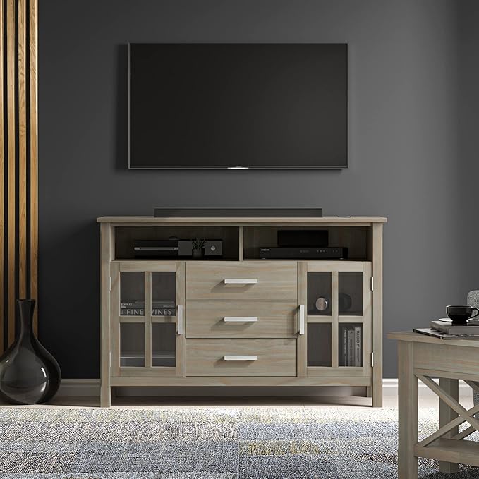 SIMPLIHOME Kitchener SOLID WOOD 53 Inch Wide Contemporary TV Media Stand in Distressed Grey for TVs up to 60 Inches, For the Living Room and Entertainment Center - LeafyLoom