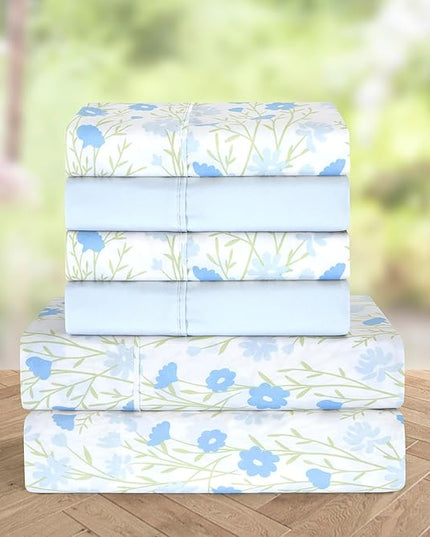 Elegant Comfort Softest and Coziest 6-Piece Sheet Set - 1500 Premium Hotel Quality Microfiber - Deep Pocket, Wrinkle Resistant 6-Piece Floral Bed Sheet Set, Full, Laurel Blue - LeafyLoom