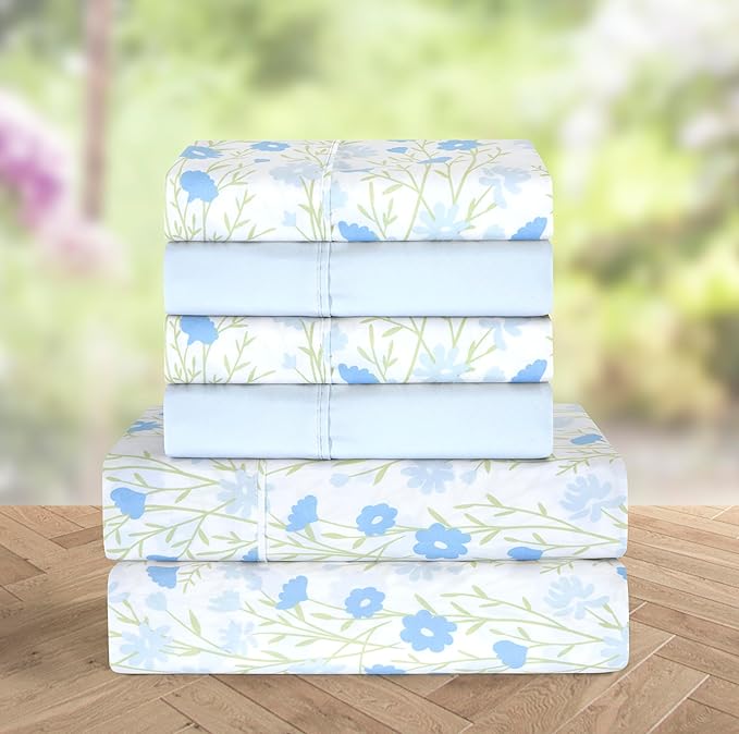 Elegant Comfort Softest and Coziest 6-Piece Sheet Set - 1500 Premium Hotel Quality Microfiber - Deep Pocket, Wrinkle Resistant 6-Piece Floral Bed Sheet Set, Full, Laurel Blue - LeafyLoom